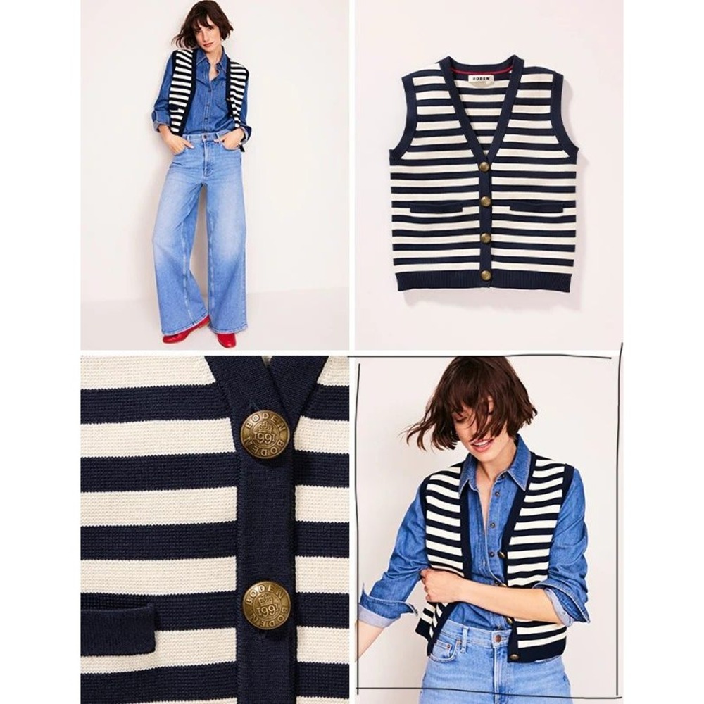 Boden Holly Knitted Waistcoat Navy Ivory Stripe Cotton Vest Medium